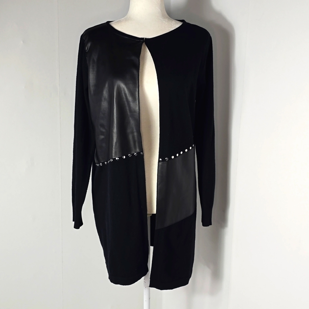 Sioni Black Cardigan with Faux Leather Accents